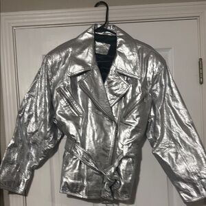 Futuristic Silver Leather Jacket with Voluminous Sleeves